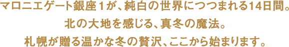 マロニエゲート銀座１が、純白の世界につつまれる14日間。北の大地を感じる、真冬の魔法。札幌が贈る温かな冬の贅沢、ここから始まります。