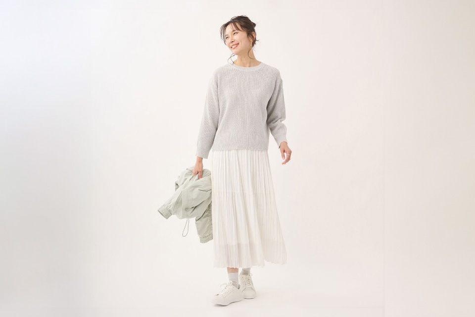 片畦編柄ラメニットトップス/プリーツティアードスカート