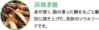 浜焼き鯖。身が厚く、脂の乗った鯖を丸ごと豪快に焼き上げた、若狭のソウルフードです。